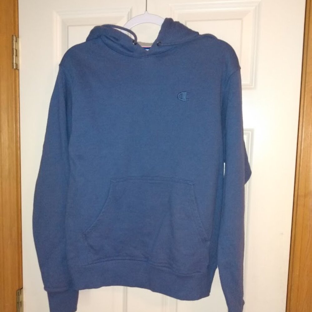 Champion: Blue long sleeve hoodie sweatshirt with front pouch. Size small.